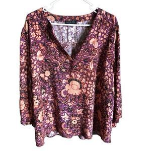 Rachel Zoe Plus Size 3X top blouse floral orange purple 3/4 tie sleeves
